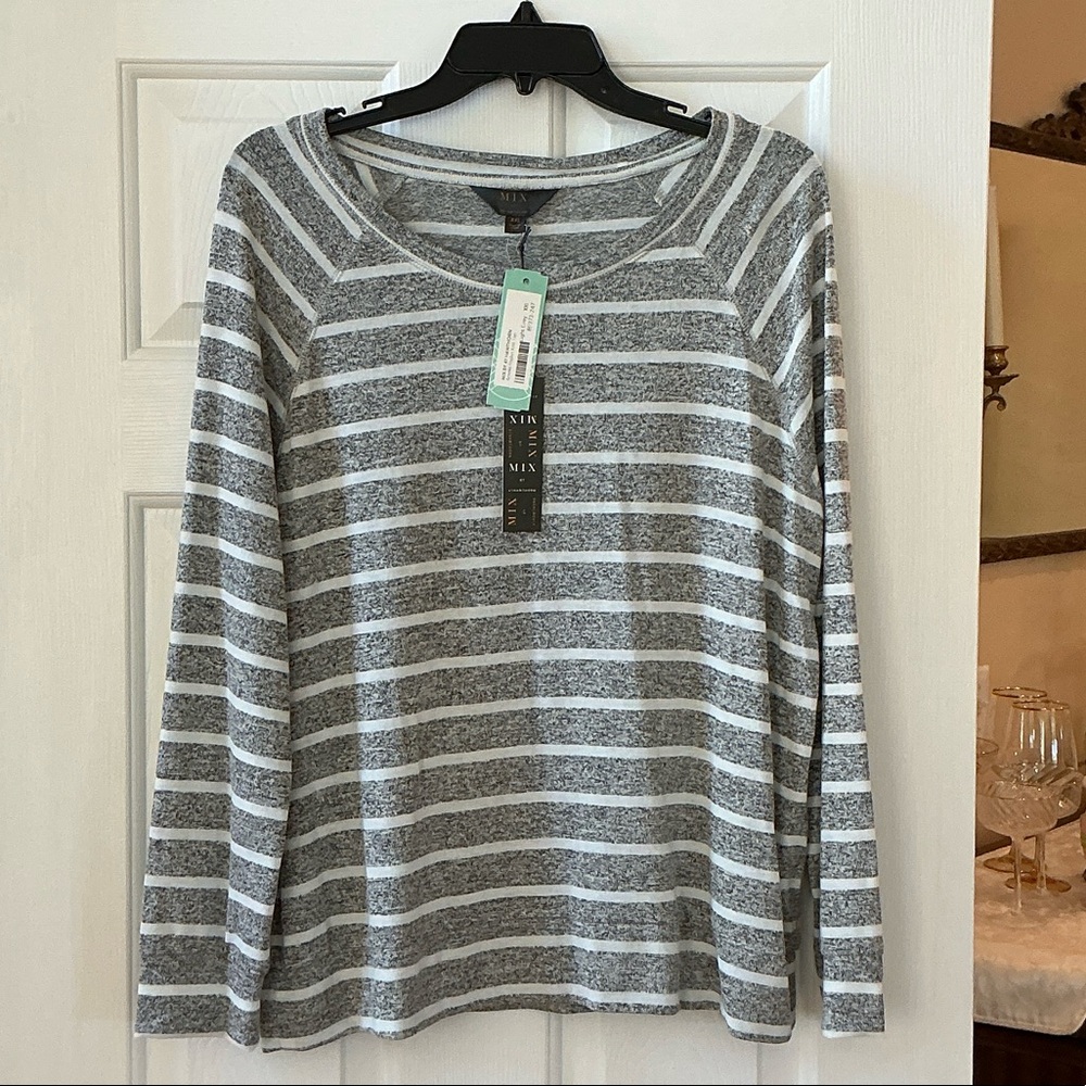 Mix It Gray and White Striped Scoop Neck Sweater